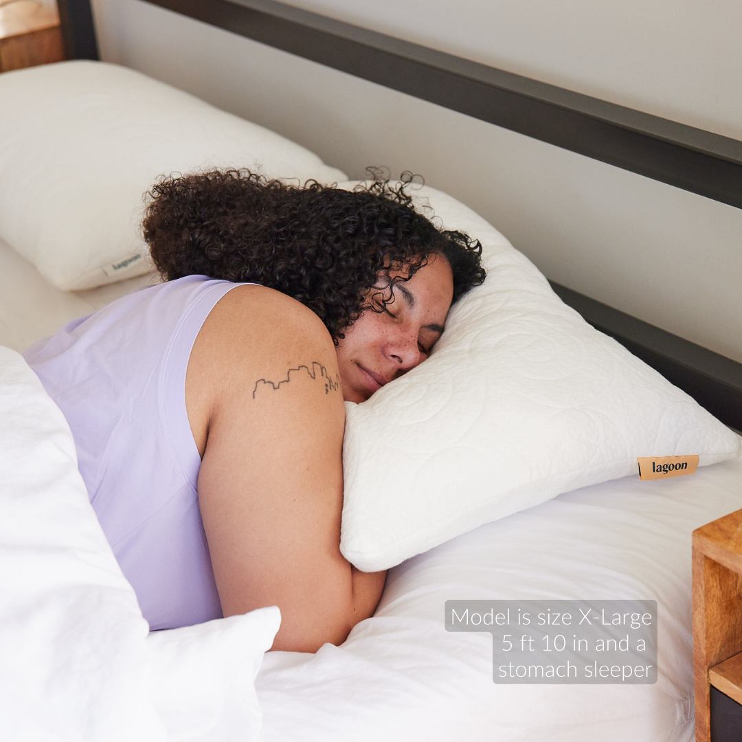 female model size XL stomach sleeper puffin medium soft microfiber filled pillow