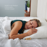 Thumbnail for female model size medium stomach sleeper puffin medium soft microfiber filled pillow