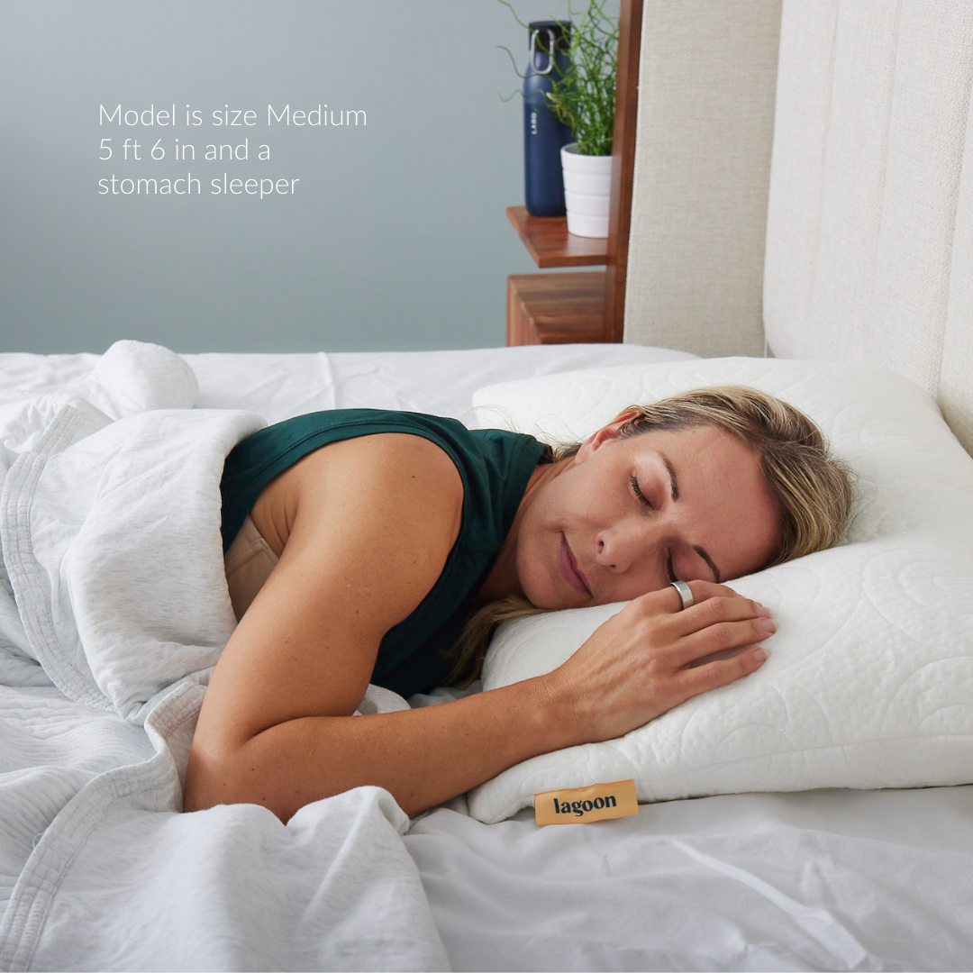 female model size medium stomach sleeper puffin medium soft microfiber filled pillow