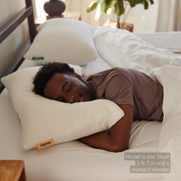 Thumbnail for male model size small stomach sleeper puffin medium soft microfiber filled pillow